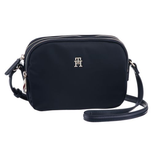 Umhängetasche TOMMY HILFIGER, Damen, blau (dunkelblau), Polyurethan, Baumwolle, unifarben, Taschen, mit TH-Emblem vorne