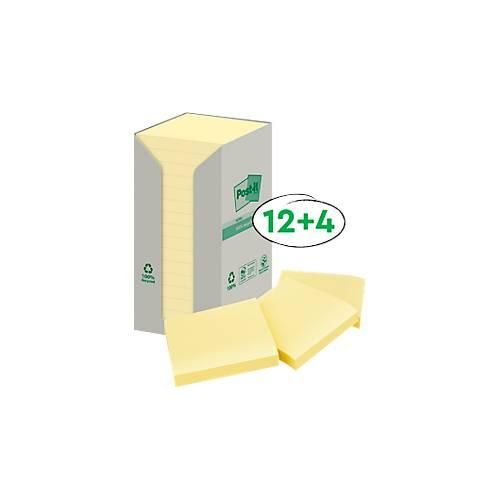 Post-it® Recycling Notes 654-1T, B 76 x H 76 mm, 100 % Recycling-Papier, gelb, 16 Blöcke á 100 Blatt