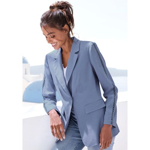 Longblazer LASCANA Gr. 40, blau (rauchblau) Damen Blazer mit Häkeleinsatz an den Ärmeln, aus Leinenmix