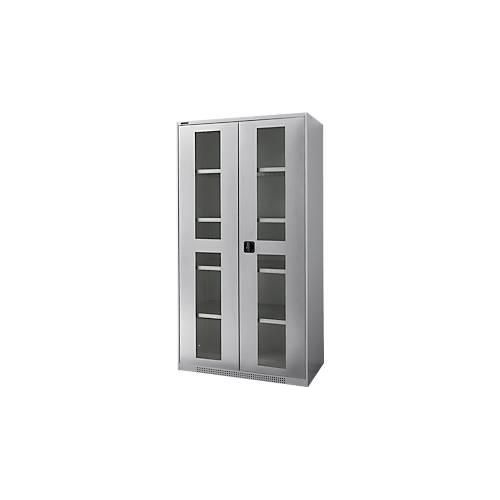 Schäfer Shop Genius Flügeltürenschrank FS, Stahl, Sichtfenster, Lüftungslöcher, B 1055 x T 520 x H 1950 mm, 5 OH, Weißalu/Weißalu, bis 500 kg