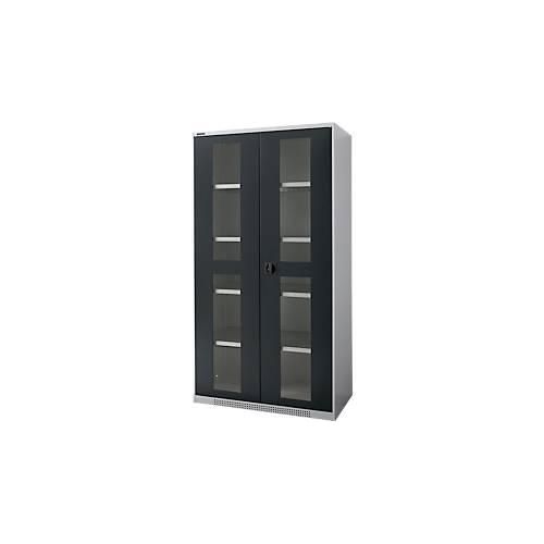 Schäfer Shop Genius Flügeltürenschrank FS, Stahl, Sichtfenster, Lüftungslöcher, B 1055 x T 520 x H 1950 mm, 5 OH, Weißalu/Anthrazitgrau, bis 500 kg