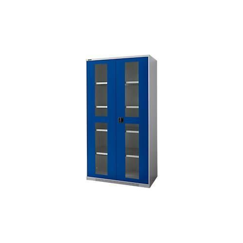 Schäfer Shop Genius Flügeltürenschrank FS, Stahl, Sichtfenster, Lüftungslöcher, B 1055 x T 520 x H 1950 mm, 5 OH, Weißalu/Enzianblau, bis 500 kg