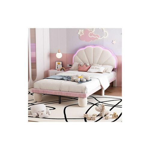 Gepolstertes Kinderbett mit LED-Licht, runde gepolsterte Beine, Samt, Beige + Rosa, 90x200 cm