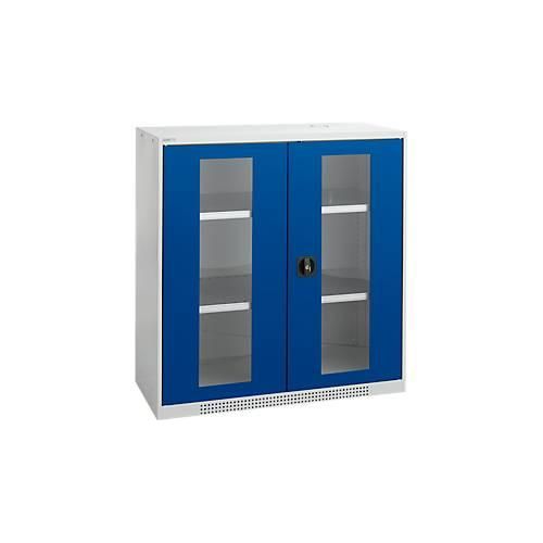 Schäfer Shop Genius Flügeltürenschrank FS, Stahl, Sichtfenster, Lüftungslöcher, B 1055 x T 520 x H 1105 mm, 3 OH, Lichtgrau/Enzianblau, bis 300 kg