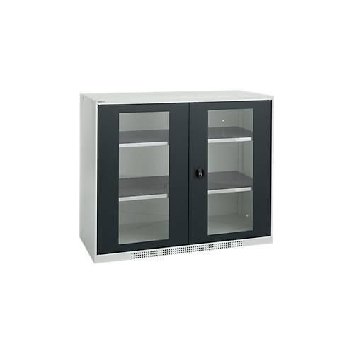 Schäfer Shop Genius Flügeltürenschrank FS, Stahl, Sichtfenster, Lüftungslöcher, B 1343 x T 520 x H 1105 mm, 3 OH, Lichtgrau/Anthrazitgrau, bis 450 kg