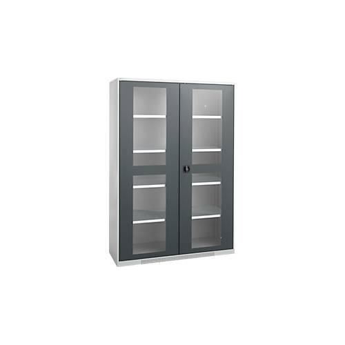 Schäfer Shop Genius Flügeltürenschrank FS, Stahl, Sichtfenster, Lüftungslöcher, B 1343 x T 620 x H 1950 mm, 5 OH, Weißalu/Anthrazitgrau, bis 750 kg