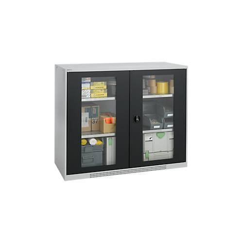 Schäfer Shop Genius Flügeltürenschrank FS, Stahl, Sichtfenster, Lüftungslöcher, B 1343 x T 520 x H 1105 mm, 3 OH, Weißalu/Anthrazitgrau, bis 450 kg