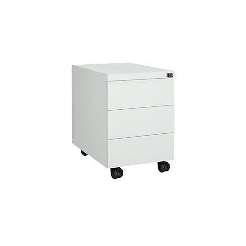 Schäfer Shop Pure Rollcontainer, 3 Schübe, seitliche Griffnut, B 390 x T 590 x H 550 mm, Stahl lichtgrau, abschließbar