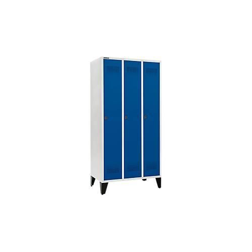Schäfer Shop Genius Kleiderspind mit Füßen, 3 Abteile, 300 mm Abteilbreite, Sicherheitsdrehriegelverschluss, lichtgrau/enzianblau