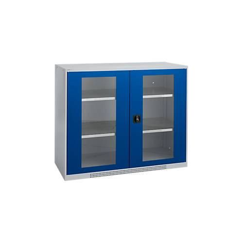 Schäfer Shop Genius Flügeltürenschrank FS, Stahl, Sichtfenster, Lüftungslöcher, B 1343 x T 520 x H 1105 mm, 3 OH, Weißalu/Enzianblau, bis 450 kg