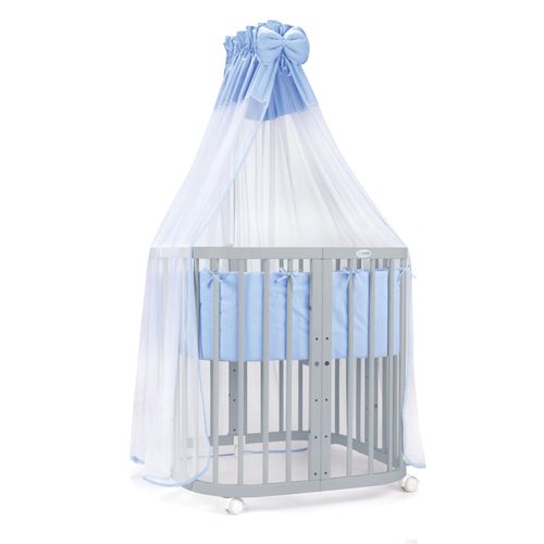 Mobiles Babybett aus Holz 7in1 mit Matratze, mitwachsend,Stoffe blau,Holz grau
