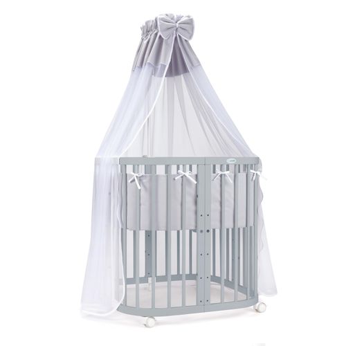 Mobiles Babybett aus Holz 7in1 mit Matratze, mitwachsend,Stoffe grau,Holz grau