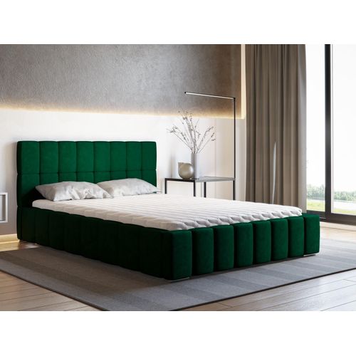 Polsterbett ALMA inkl. Taschenfederkernmatratze Salsa, 160 x 200 cm, Doppelbett mit Bettkasten und Lattenrost aus Holz, Velourstoff: Grün