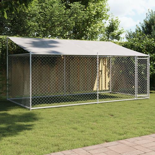 Hundezwinger mit Dach und Tür Grau 4x2x2 m Verzinkter Stahl
