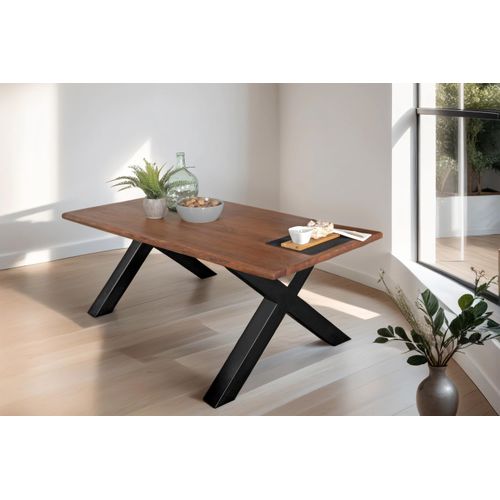 Esstisch Baumkante Akazie massiv Nussbaum 160 x 85 cm X-Gestell schwarz TOMASO