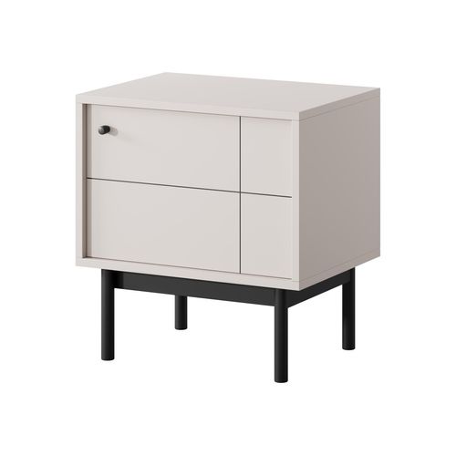 Nachttisch mit Tür und Regalen – Kaschmir, schwarze Holzbeine – 53,5 x 56,6 x 39 cm – Japandi-Stil