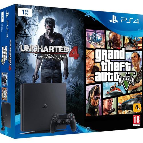 PlayStation 4 Slim 1000GB - Schwarz + Uncharted 4: A Thief ́s End + Grand Theft Auto V