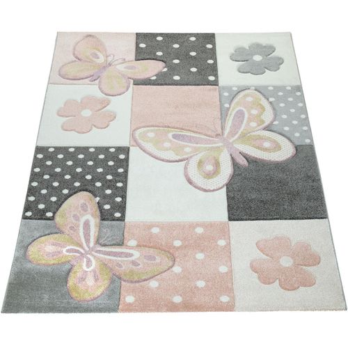 Kinderteppich PACO HOME "Cosmo 220" Teppiche Gr. B: 240cm, 12mm, L: 340cm, bunt (mehrfarbig) Kinder 3D-Design, Patchwork Muster, niedliches Motiv Schmetterlinge & Punkte