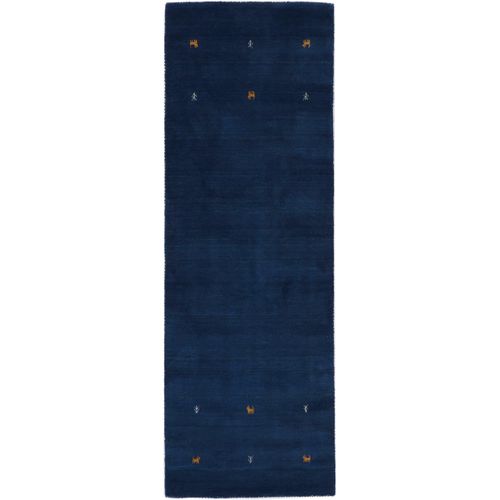 Wollteppich CARPETFINE "Gabbeh Uni" Teppiche Gr. B: 80cm, 15mm, L: 300cm, blau reine Wolle, handgewebt, Gabbeh Loom Tiermotiv, auch als Läufer