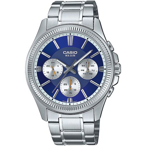 Quarzuhr CASIO TIMELESS COLLECTION Armbanduhren silberfarben (edelstahlfarben, blau) Herren Armbanduhr, Herrenuhr, Edelstahlarmband, analog, Tag, Wochentag