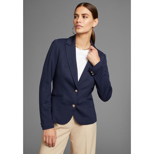 Sweatblazer HECHTER PARIS, Damen, Gr. 34, blau (navy), Milano Rib, Obermaterial: 58% Viskose, 37% Polyester, 5% Elasthan. Futter: 97% Polyester, 3% Elasthan, clean, feminin, figurumspielend kurz, Langarm, Blazer, mit eleganter Knopfleiste - NEUE KOLLEKTION