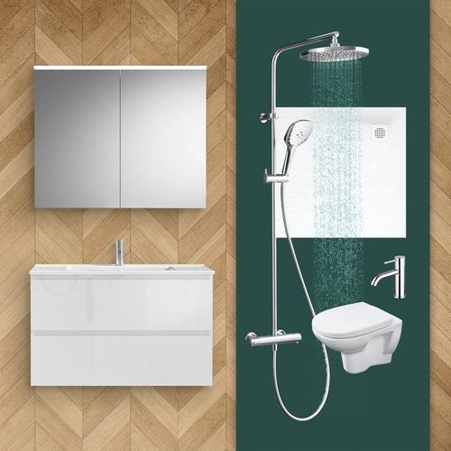 evineo ineo2 Bad mit Möbelanlage & Spiegelschrank B: 100 cm, WC, Dusche, inkl. Armaturen, BE-Bad-Set2,