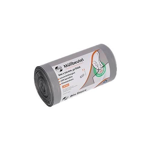 Deiss FIRST PLUS Müllbeutel, mit Tragegriff, LDPE, 14 µm, grau, B 600 x H 720 mm, 60 Liter, 1000 Stück