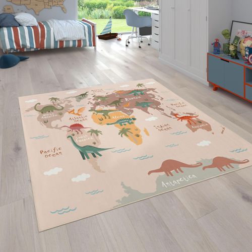 Kinderteppich PACO HOME "Bino 583" Teppiche Gr. B: 160cm, 4mm, L: 220cm, beige Kinder Spielteppich, Motiv Weltkarte & Dinosaurier, Kinderzimmer