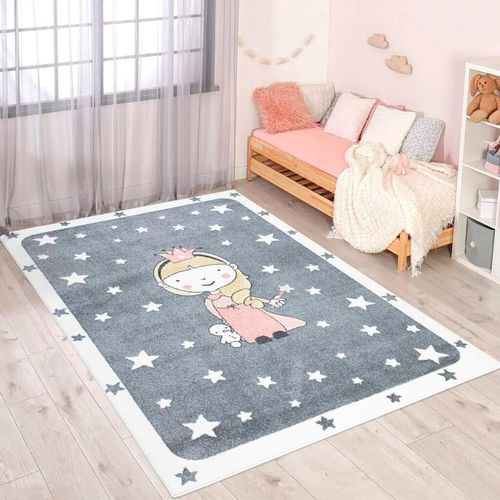 Kinderteppich CARPET CITY "ANIME893" Teppiche Gr. B: 160cm, 11mm, L: 230cm, grau Kinder Kinderzimmer Teppich Modern mit Mond, Blumen, Wolken, Creme, Multi