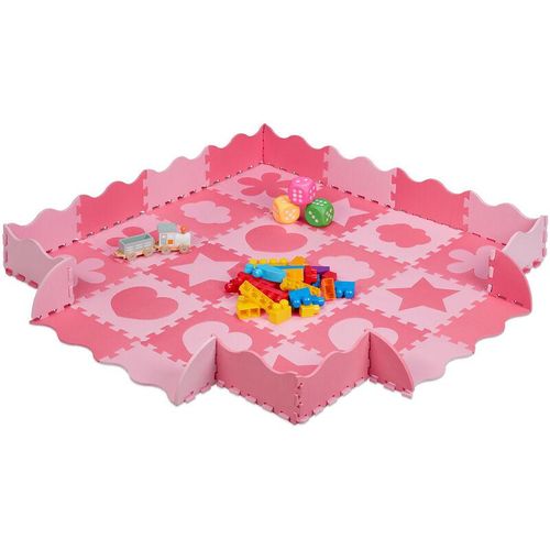 Puzzlematte 52-teilig, eva Schaumstoff, schadstofffrei, 1,4 m², Spielmatte mit Rand, versch. Motive, pink/rosa - Relaxdays