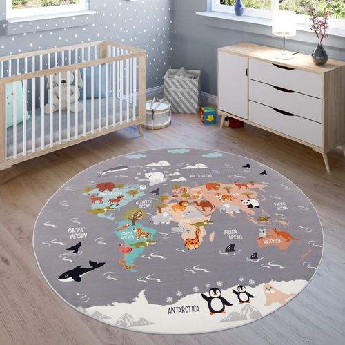 Paco Home Kinderteppich »Bino 581«, rund, 4 mm Höhe, Spielteppich, Motiv Weltkarte & Tiere, Kinderzimmer