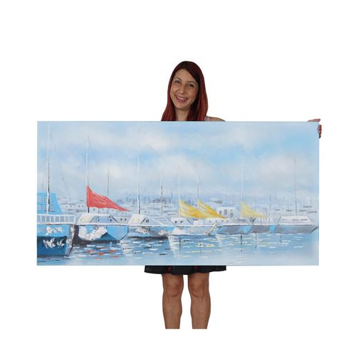 Wandbild Boote, 100% handgemaltes Ölgemälde Gemälde XL, 140x70cm