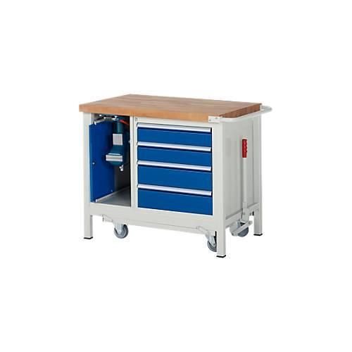 Werkbank Modell 8185, fahrbar, absenkbar, mit Schrank und Schubladen, B 1000 x T 700 x H 880 mm