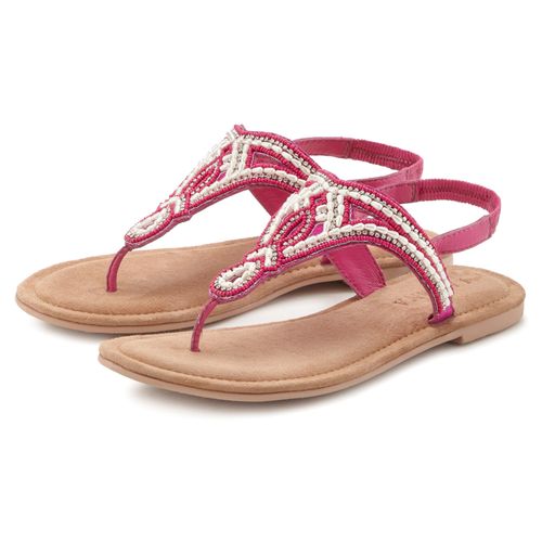 Zehentrenner LASCANA, Damen, Gr. 42, pink, Obermaterial: 65% Synthetik, 35% Schafsleder. Futter: 100% Schafsleder. Decksohle: 100% Ziegenleder. Laufsohle: 100% Synthetik, ethno, modisch, Schuhe, Sandale, Pantolette mit Perlen und Steinchen besetzt