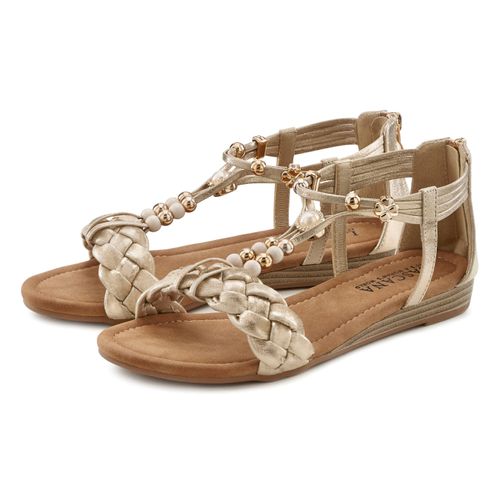 Sandale LASCANA Gr. 37, goldfarben (beige, goldfarben) Damen Schuhe Sandalette, Sommerschuh mit raffiniertem Riemchen VEGAN