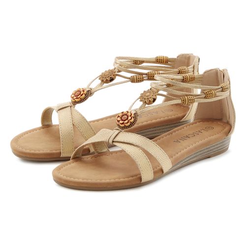 Sandale LASCANA Gr. 40, goldfarben Damen Schuhe Sandalette, Sommerschuh mit raffinierten Riemchen und Steinchen VEGAN