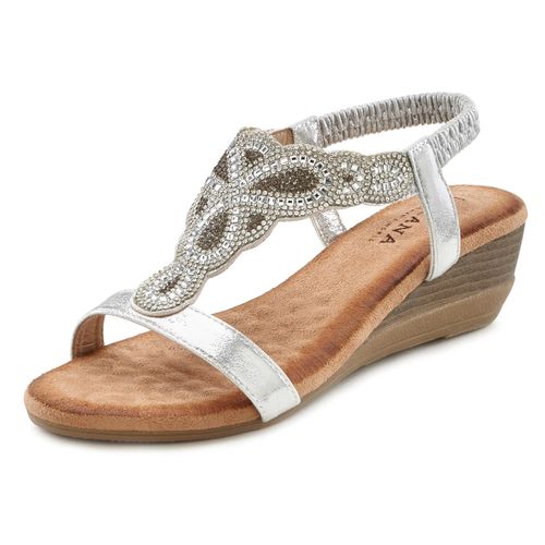 Sandale LASCANA Gr. 37, silberfarben Damen Schuhe Sandalette, Sommerschuh mit leichtem Keilabsatz und Glitzer-Steinchen