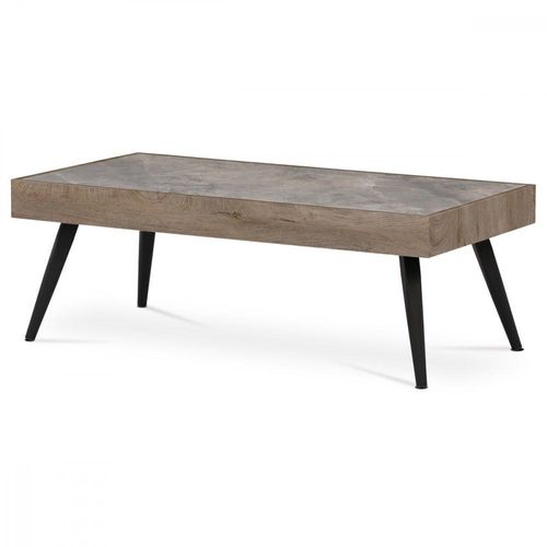 Konferenztisch, gesinterte Keramikplatte 120x60, grauer Marmor, schwarze Metallbeine, hellbraunes Furnier
