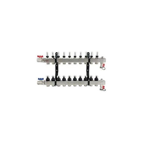 Verteiler für Fußbodenheizung aus Edelstahl für 10 Kreise mit Topmeter und Zubehör
