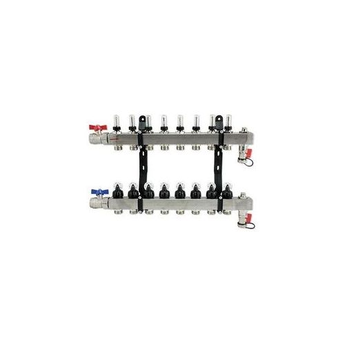 Verteiler für Fußbodenheizung aus Edelstahl für 8 Kreise mit Topmeter und Zubehör