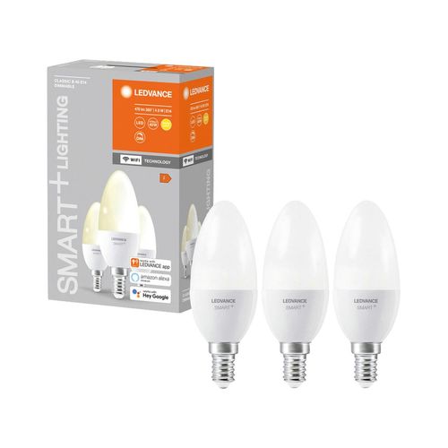 LEDVANCE LED-Lampe SMART+ WiFi Candle, B40, E14, EEK: F, 4,9 W, 470 lm, 2700 K, Smart, 0,7, 3 Stück