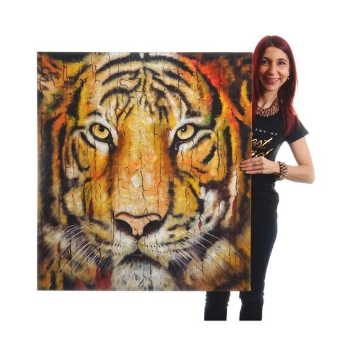 Wandbild Tiger, 100% handgemaltes Ölgemälde Gemälde XL, 100x90cm