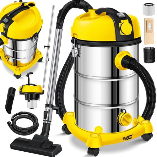 MASKO® Industriestaubsauger, Nass Trockensauger HEPA, 3 in 1 Filtersystem, 58 l/s Werkstattsauger mit Steckdose, 2300W, 30L, Industriesauger mit & ohne Beutel, Filter + Aufsätze, Push&Clean