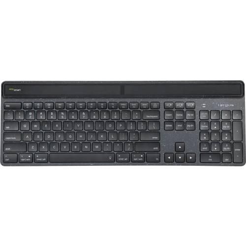 Targus EcoSmart™ Bluetooth® Tastatur Deutsch, QWERTZ Schwarz Beleuchtet, Ergonomisch, Geräuscharme Tasten, mit numerischer Tastatur, Multipair-Funktion, Solar,