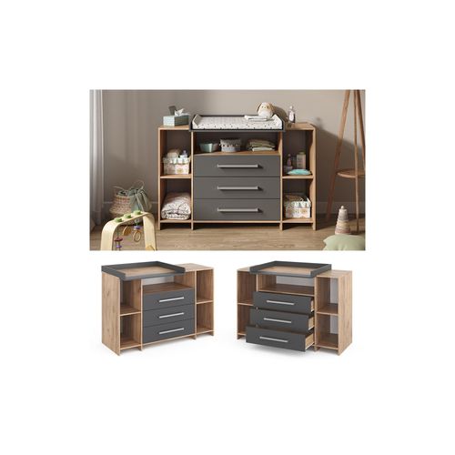 Vicco Wickelkommode Oskar XL 143 x 100 cm, Eiche Anthrazit, inkl. Wickelauflage