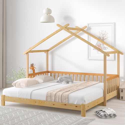 Fortuna Lai Kinderbett, Erweiterbares Baumhausbett, Hausbett, Tagesbett, Einzel- und Doppelbett, reines Massivholz, Natur (200x90cm)