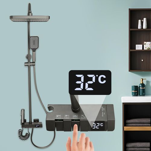 Duschsystem mit LED-Anzeige Regendusche Duschset Handbrause 85-120cm höhenverstellbar (grau)