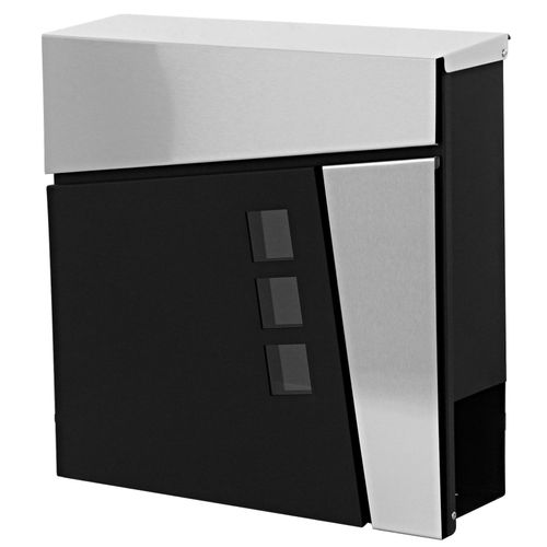 Briefkasten MCW-B29, Wandbriefkasten Postkasten Zeitungsfach, pulverbeschichtet ~ schwarz/Edelstahl