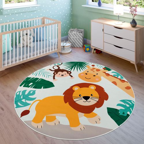 Kinderteppich PACO HOME "Bino 582" Teppiche Gr. Ø 200cm, 4mm, beige Kinder Spielteppich, Motiv Tiere, Löwe & Giraffe, Kinderzimmer