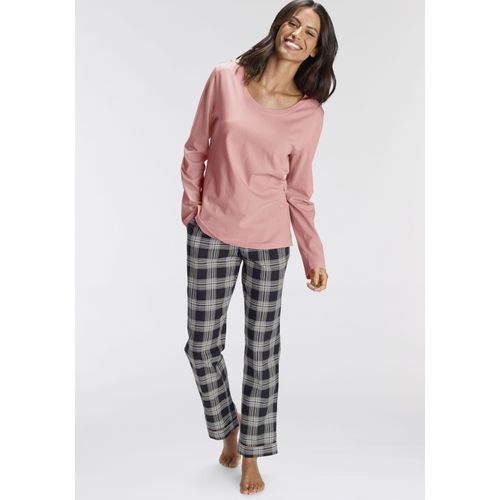 Pyjama H.I.S, Damen, Gr. 42, rosa (rosa, schwarz), Single Jersey, Obermaterial: 100% Baumwolle, klassisch, Basic lang, Rundhals, Langarm, Homewear-Sets, mit karierter Schlafhose